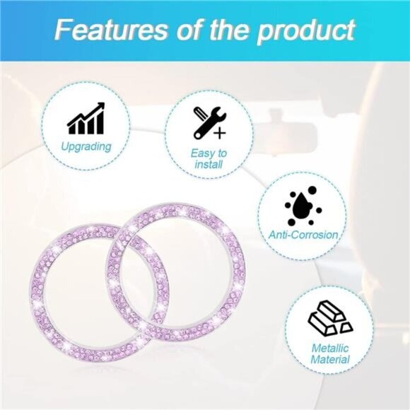 Purple Car Start Button Bling Rhinestone Diamond Engine Button Ring 2-Pack - Picture 3 of 7